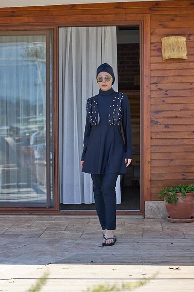 NS Tasarım Tesettür Mayo Nalan Chiffon Detailed Polka Dot Pattern Design Hijab Double Swimsuit Set