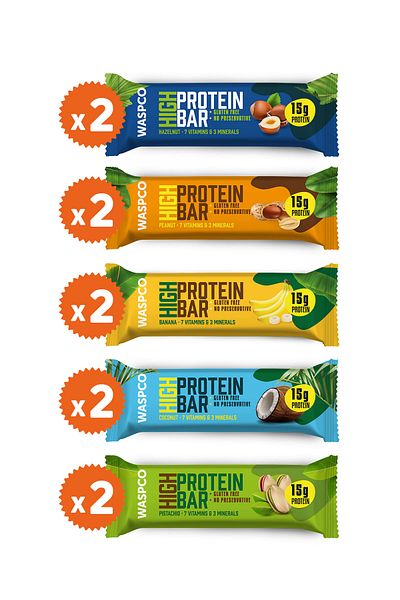 Waspco High Protein Bar 50g Mixed Box 10 Pieces (5 Types)