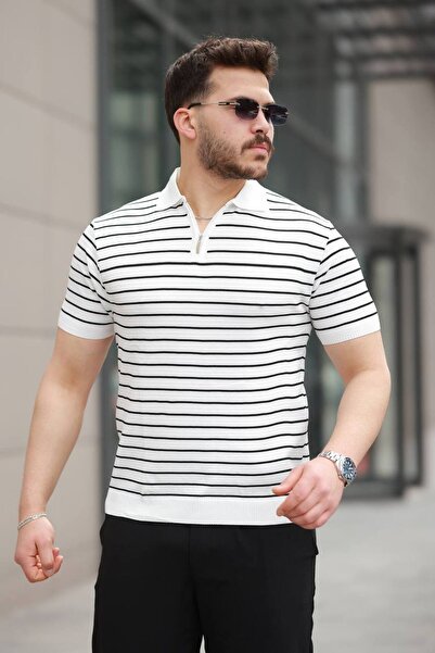 pepule Ανδρικό πλεκτό μπλουζάκι με μισό φερμουάρ και λεπτές ρίγες