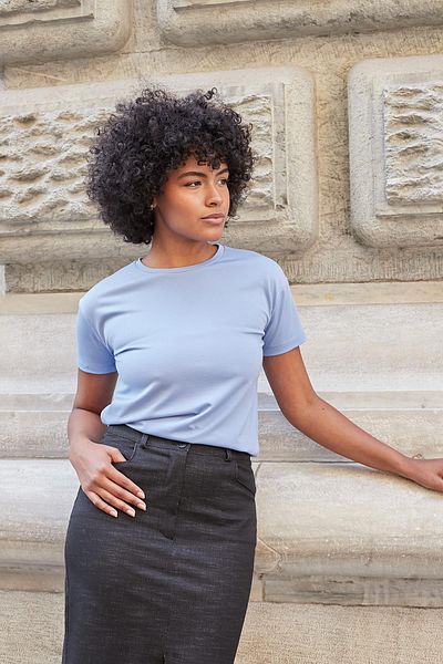Jument Women's Crew Neck Wrinkle-Free Span Blended Stylish Short Sleeve Lycra T-Shirt Blouse-Light Blue