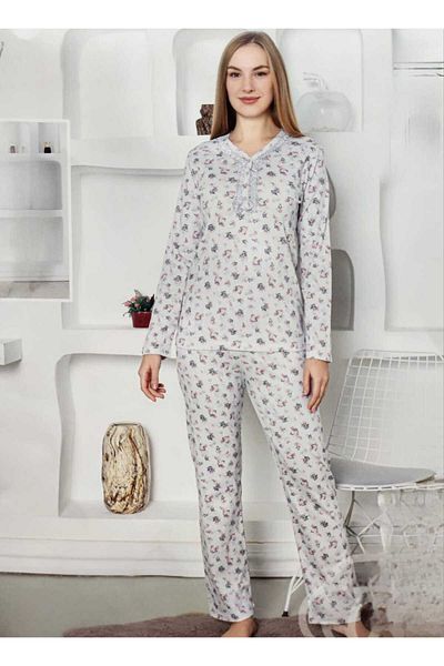 ALİMER Floral Pattern Oversize Lace Collar Long Sleeve Combed Cotton Pajama Set