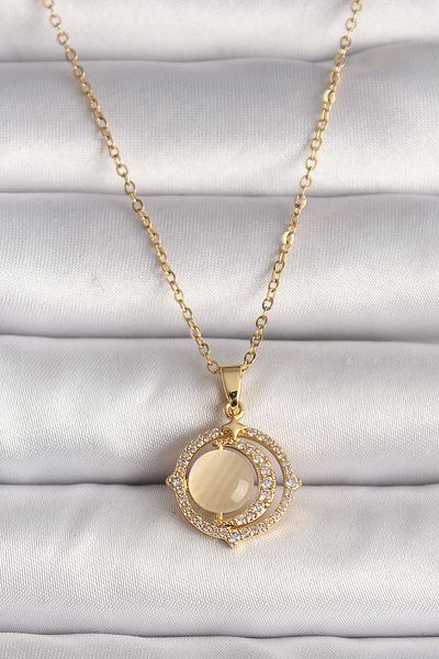 Skygo 316L Steel Gold Color Zircon Stone Yellow Pearlescent Crescent Model Women's Necklace - Tj-Bko9705