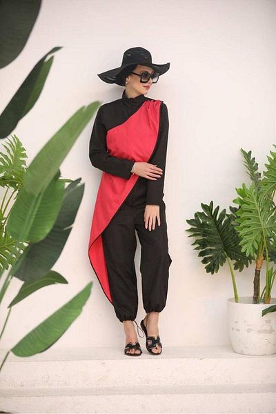 NS Tasarım Tesettür Mayo Fuchsia Ocean Hijab Jumpsuit - Striped Swimsuit