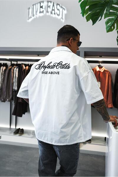 ablukaonline Ανδρικό κεντημένο κοντομάνικο πουκάμισο Oversize Λευκό