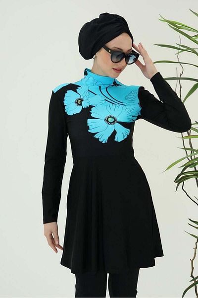 NS Tasarım Tesettür Mayo Nilüfer Turquoise Double Design Hijab Suit Swimsuit