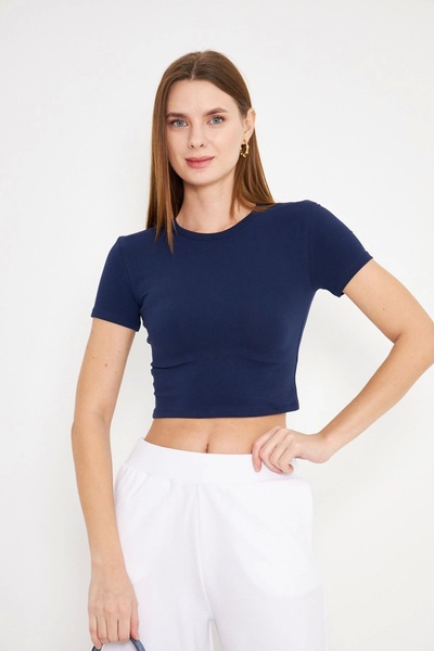 Akabi Elastanlı Crop Kısa Kol Tişört Lacivert