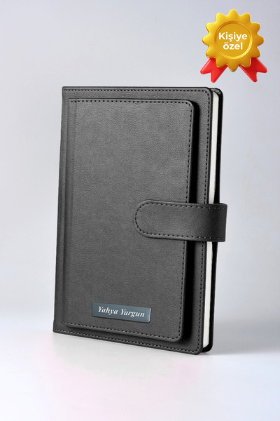 inkglo Siyah Deri Düz Kapak Defter Kişiye Özel İsimli Cüzdan Bölmeli Defter