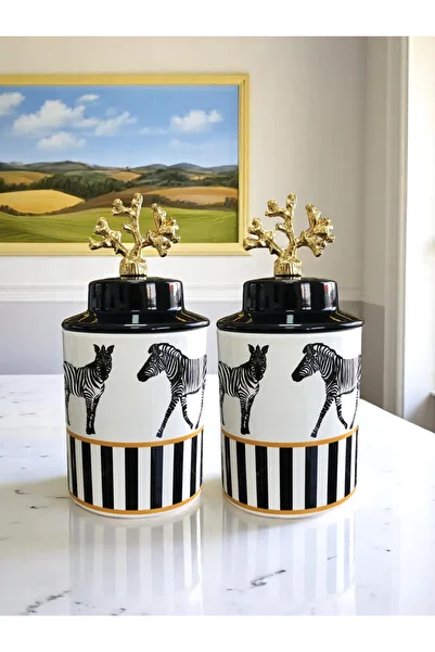 ferayhome Kitchen and Living Room Accessory Decorative Object Spice Rack Cylinder 2-Piece Ceramic Cover Horse Zebra Black Gold