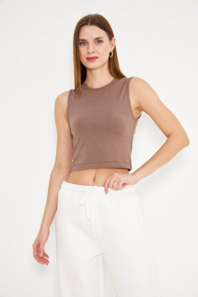 Akabi Women's Sleeveless Crop Tank Top Light Brown