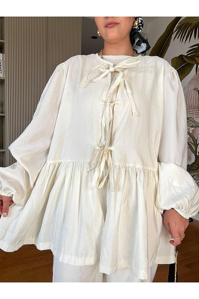 Aselim Hijap Moda Ruffled Tie Modal Woven Fabric Trousers Double Suit Ecru