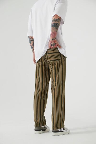 Machinist Ανδρικό παντελόνι μαροκινής μάρκας Barbaros με ριγέ χαλαρό και φαρδύ σχέδιο σε χρώμα ελιάς-μαύρο