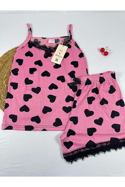 FUNELLA Pink Black Heart Patterned Strappy Shorts Pajama Set