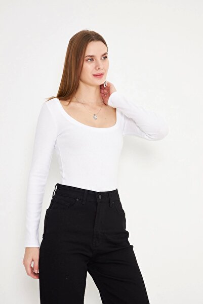 Akabi Fitilli Yuvarlak Yaka Uzun Kol Elastan Tişört Beyaz