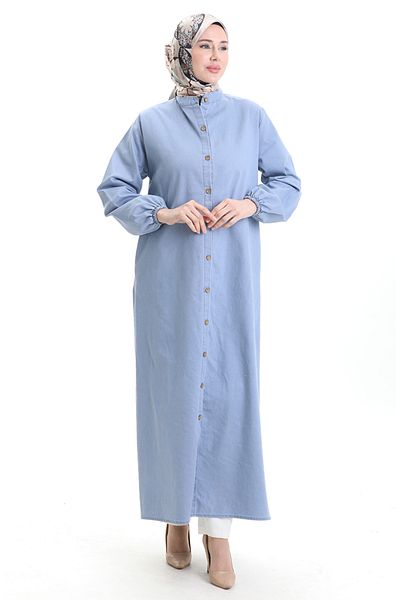 sefamerve Denim lung cu nasturi Denim Abaya 0058-02 Ice Blue