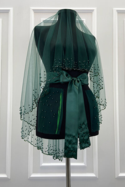 ZEYMERADE طقم طرحة زفاف خضراء، خرز كريستال ولؤلؤ متلألئ، طرحة حناء 6 قطع