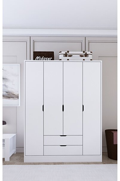 midoser 140 Cm Mat Beyaz 4 Kapılı 2 Çekmeceli Elbise Dolabı - Gardırop