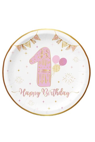 kidspartim 1 Year Old Gold Gilded Pink Cardboard Plate 23 cm 6 Pieces