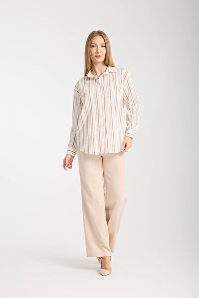 Moda Days Μπεζ ριγέ μακρυμάνικο γυναικείο πουκάμισο