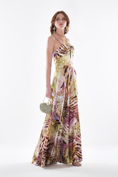 EXPLOSION Patterned Thick Satin Chain Maxi Length Evening Dress Explosion
