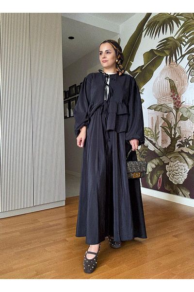 Aselim Hijap Moda Διπλό κοστούμι με βολάν δεμένο υφασμάτινο παντελόνι Modal Μαύρο