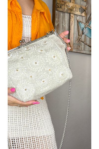 Tuvita Collection Bodrum Linen Fabric and Needlepoint Embroidered Handmade Crystal Bead Detailed Beige Ecru Women's Messenger Bag