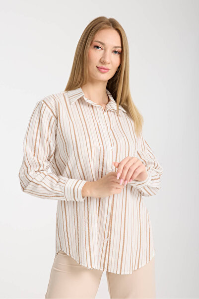 Moda Days Μπεζ ριγέ μακρυμάνικο γυναικείο πουκάμισο
