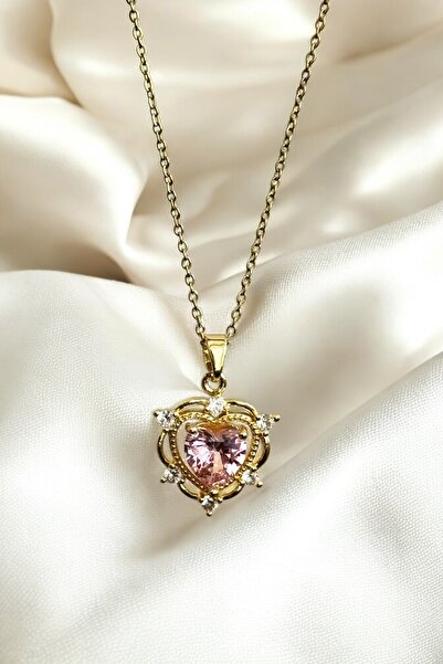 Elifsu Jewelry Pink Zircon Stone Steel Necklace with Heart Figure