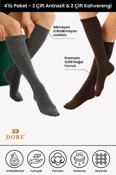 Dore Original Women's 4 Pairs Premium Knee-Length Cotton Combed Seamless Non-Exposed Knee-Length Luxury Socks