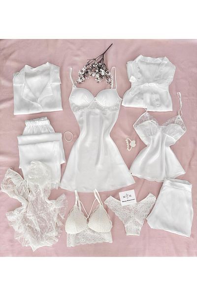 MH Moony Homewears Set de 9 cutii Taksim Deluxe cămașă de noapte acoperită cu satin pijamale lenjerie lenjerie zestre
