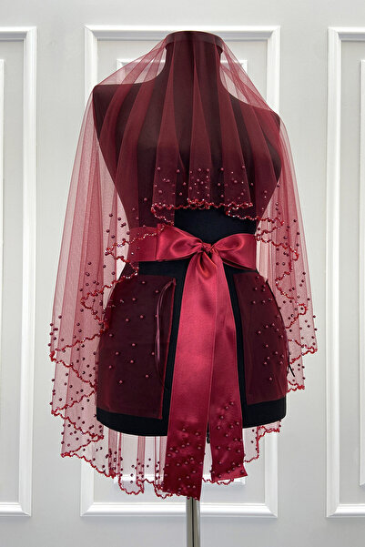 ZEYMERADE طقم حجاب زفاف أحمر كلاريت مع خرز كريستالي لامع ولؤلؤ، حجاب حناء 6 قطع