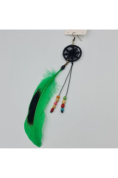 SE Jewellery Collection Selin Ersoy Bohemian Style Green Feather Detailed Dream Catcher Model Hanging Single Earring