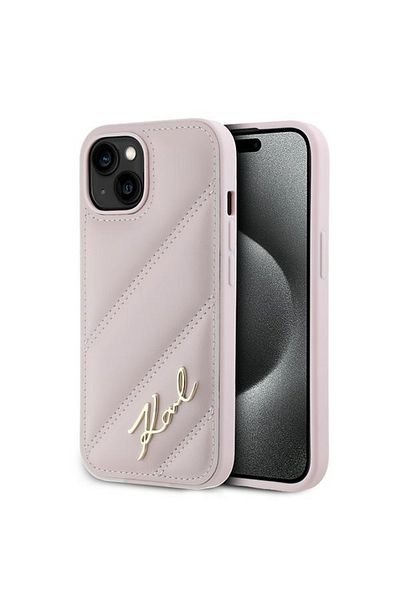 Karl Lagerfeld Carcasă pentru iPhone 15 Plus, cu imprimeu diagonal matlasat, roz