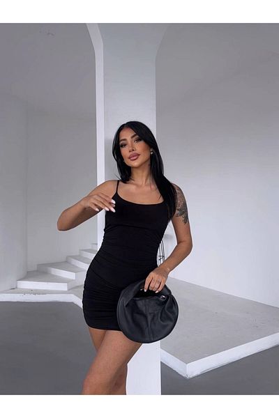 hazelin Γυναικείο Μίνι Φόρεμα με Μαύρο Λεπτό λουράκι με ντραπέ στα πλαϊνά HZL25S-FRY123071