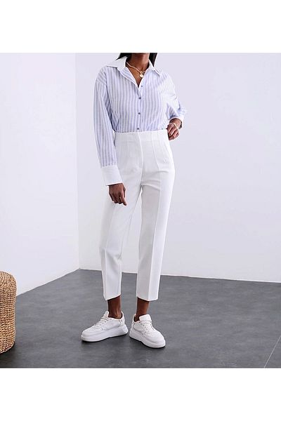 KAROL Women's White Flat Front High Waist Zr Model Fabric Trousers