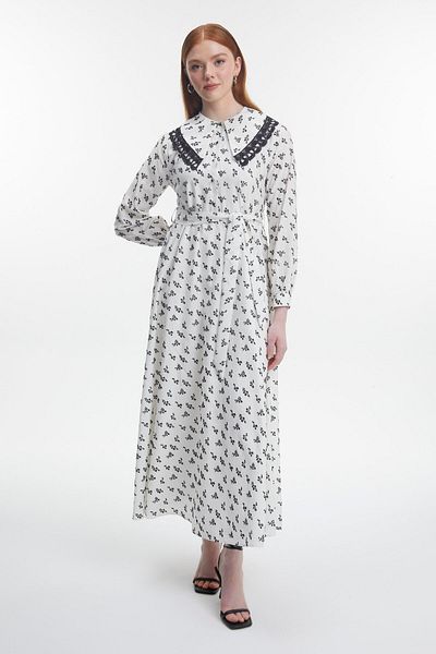 Zühre Baby Collar Lace Embroidered Belted Dress E-0500