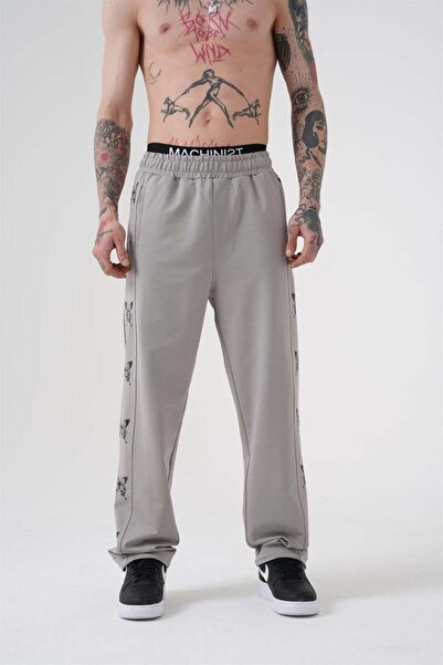 Machinist Ανδρικό παντελόνι με στάμπα πεταλούδας από οργανικό βαμβάκι Oversize ανοιχτό γκρι