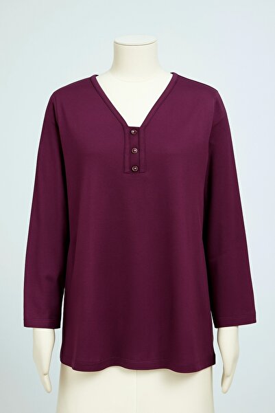 FATELLA Plus Size 3 Button V-Neck Mother Combed Cotton Blouse – Relaxed Fit