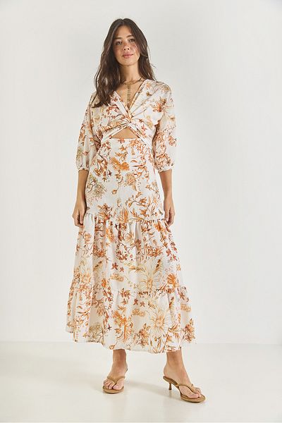 Bianco Lucci Women's Window Detailed Patterned Long Linen Dress 3025 60283273