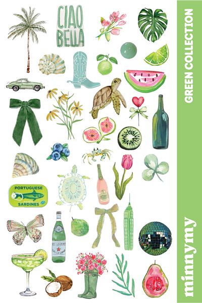Minnymy 3-Pack Green Collection Retro Sticker, Sticker, Agenda, Diary, Planner, Bullet Journal, Scrapbook