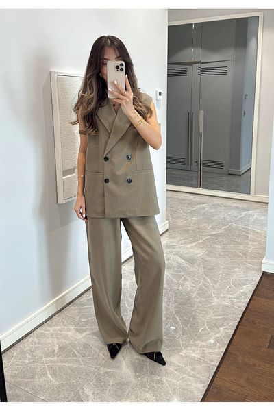 My Blog Khaki Black Buttoned Vest Trousers Suit - 9568