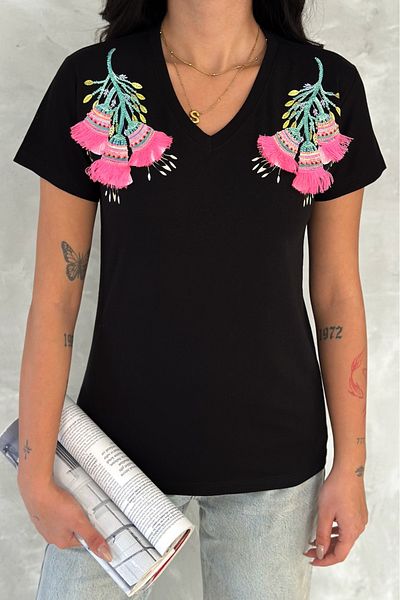 FEMELLE Tricou negru pentru femei, cu decolteu în V, cu paiete cu paiete, cu paiete, brodat, 100% bumbac