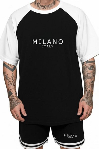 NO 601 Men's White Raglan Sleeve Oversize Tshirt Black Extrafor Shorts Milano Italian Printed Bottom-Top Set