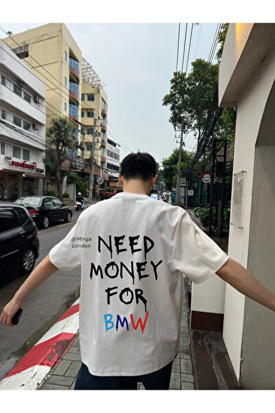 Minga London Tricou alb Need Money For Luxury Car Tricou oversize unisex cu i...