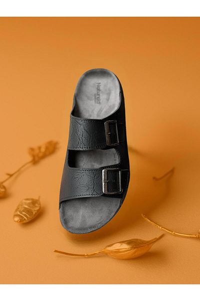 GEZER Men's Adjustable Double Banded Buckle Leather Slippers