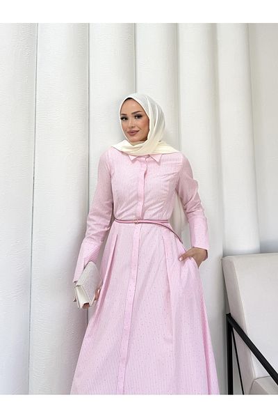 Melike Tatar Striped Stone Belted Poplin Dress 32-2341