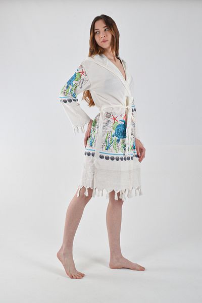 REİNA TEKS Viscon Pareo Kimono Cotton Printed Belted 1 Piece Unisex Turtle Pattern Peshtemal Bathrobe