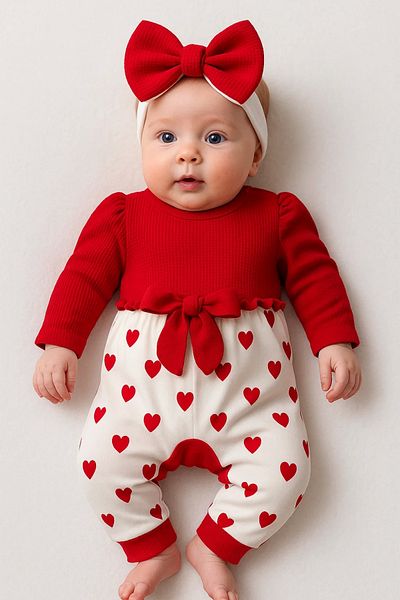 Babydonat Baby Girl Heart Patterned Waffle Bandana 2-Piece Jumpsuit