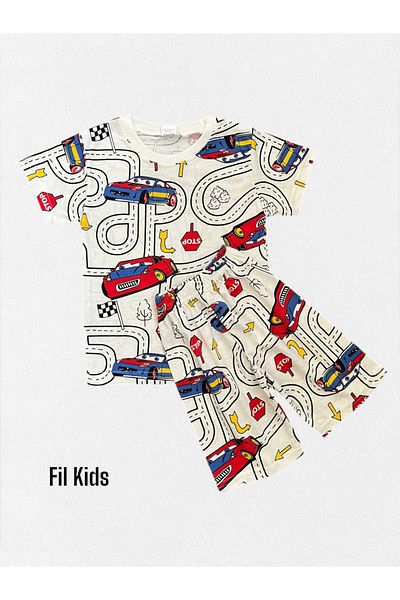 Fil Kids Set de pijamale de vară pentru băiat, culoare albă, din bumbac, cu mâneci scurte, cu modele de fulgere
