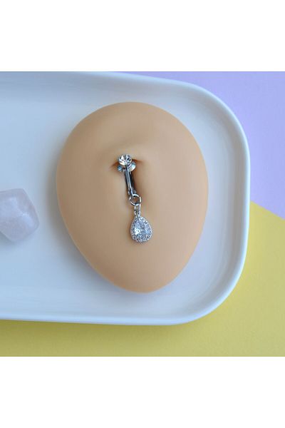 Heppii Non-Perforated Zircon Drop Dangle Compression Clip-On Navel Piercing Belly Piercing