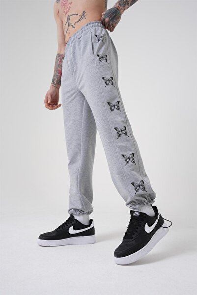Machinist Ανδρικό παντελόνι φούτερ με στάμπα πεταλούδας από οργανικό βαμβάκι Oversize Grey Melange